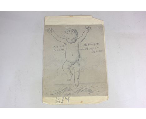 After Sir William Orpen RA RHA (1878-1931), cherub hovering over water, inscribed 'May you come in to the new year on the cre