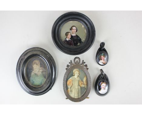 Three 18th / 19th century and later portrait miniatures depicting a young girl holding a falcon, 7cm by 5cm, a lady wearing a