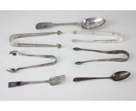 A pair of Victorian silver sugar tongs, maker John Milward Banks, Birmingham 1897, two Georgian tongs (a/f), and another pair