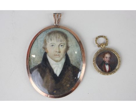 A 19th century portrait miniature of a gentleman wearing a brown coat with velvet trim, 7cm by 5.5cm, in glazed gilt frame, t