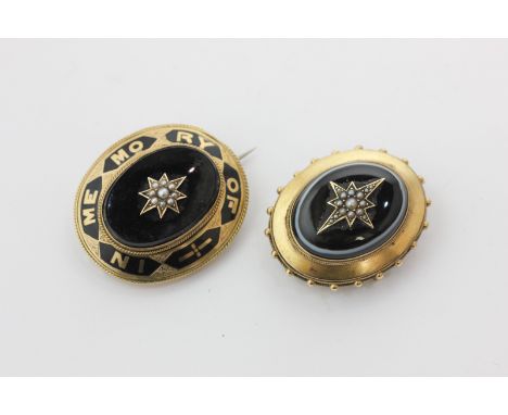 A Victorian gold, black enamel and onyx mourning brooch, and a Victorian gold banded agate and seed pearl mourning brooch
