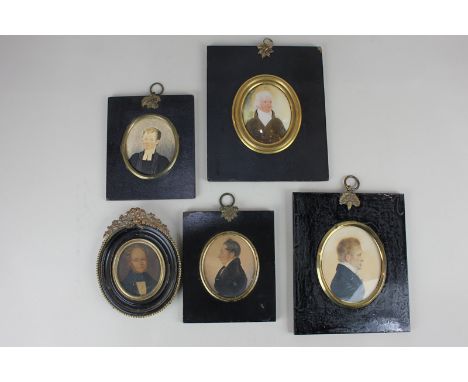 Five 19th century portrait miniatures, to include a gentleman in profile, indistinctly signed H Birrit and dated 1828, verso 