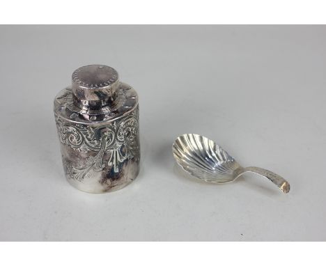 A Victorian silver cylindrical tea caddy with lid, embossed with floral swag decoration, maker Atkin Brothers, Sheffield 1893