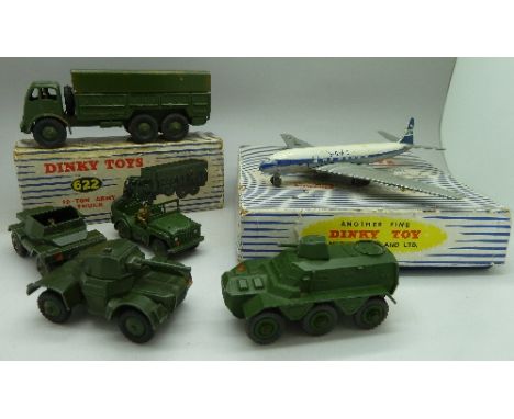 Five Dinky Army vehicles, one boxed and a Dinky 702 D.H. Comet Airliner, boxed