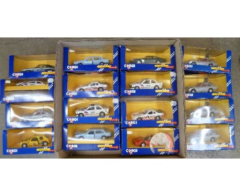 Sixteen Corgi cars including DB5, boxed