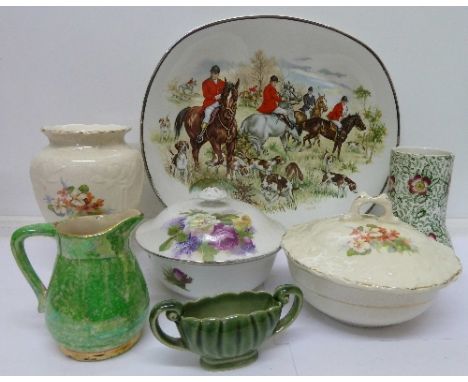 Assorted items including a hunting scene plate, a Minto vase, Wade bowl, two soap dishes, etc.