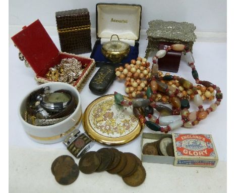 Assorted items including trinket boxes, costume jewellery, mixed coins, lady's wristwatches, a silver pendant and lighters