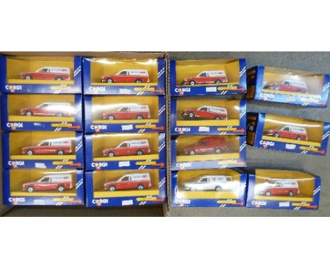 Fifteen Corgi Ford Escort vans with various liveries, boxed