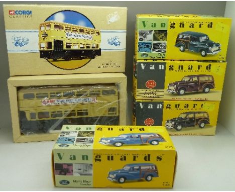 Four Vanguard cars, boxed and a Corgi Classics Daimler Fleetline bus, boxed