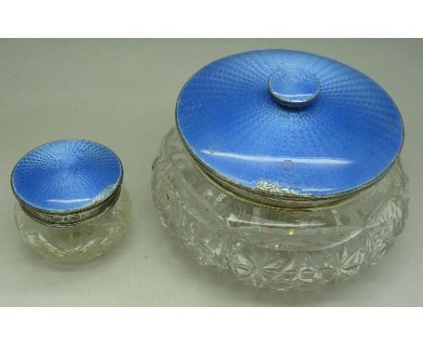 Two silver and enamel topped glass jars, enamel a/f