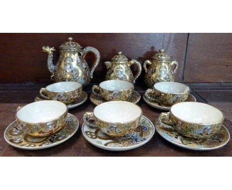 A Satsuma six piece tea service, small chip to lid of cream jug and three saucers a/f
