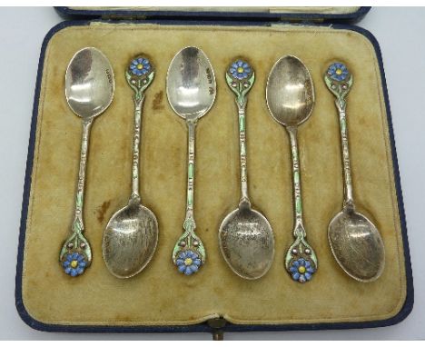 Six silver and enamel Art Deco spoons, Birmingham 1931, boxed, enamel a/f, weight 45g