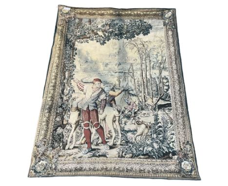 Continental machine made tapestry panel, of a hunting scene within a floral border Dimensions: Height:&nbsp;130cm&nbsp; Lengt