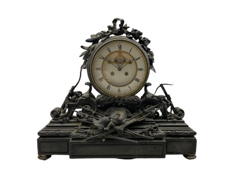 A large and imposing late 19th century French mantle clock with a breakfront plinth constructed from Belgium slate, case ador