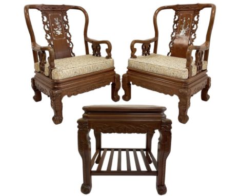 Pair Chinese hardwood armchairs, the backs with mother of pearl inlays depicting naturalistic scenes, decorated with carved a