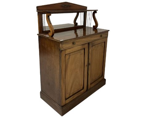 19th century mahogany chiffonier, the raised back with fitted shelf over base, with one faux drawer over two cupboard doors, 