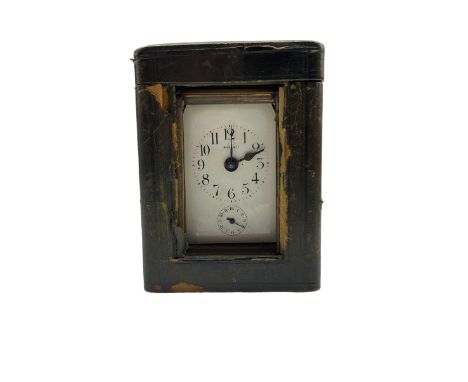 Early 20th century �Bayard� French timepiece carriage clock with alarm, complete with velvet lined carrying case, white ename