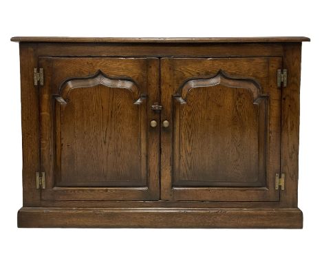 Oak two door cabinet, the rectangular top over two panelled doors with pointed arches, opening to reveal one adjustable shelf