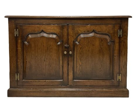 Oak two door cabinet, the rectangular top over two panelled doors with pointed arches, opening to reveal one adjustable shelf