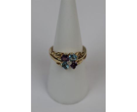 9ct gold amathyst, topaz and diamond set ring - Size N 