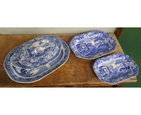 3 Victorian meat plates and vegetable hot dish 