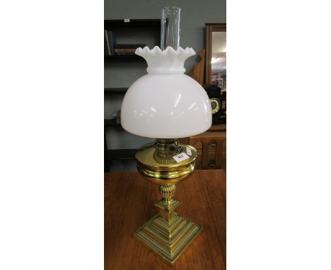 Victorian brass oil lamp with original shade and funnel 