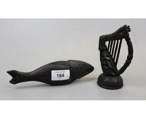 Antique black Jet harp and fish 