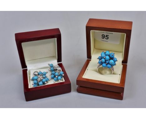 Silver &amp; turquoise style ring and earring set 
