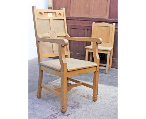 A light oak church armchair and chair. H107cm