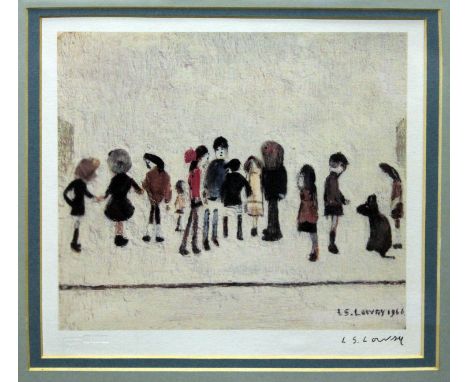 Laurence Stephen Lowry, A Group of Children, colour print, 21cm x 20cm, FATG blindstamp lower left, signed in pencil lower ri