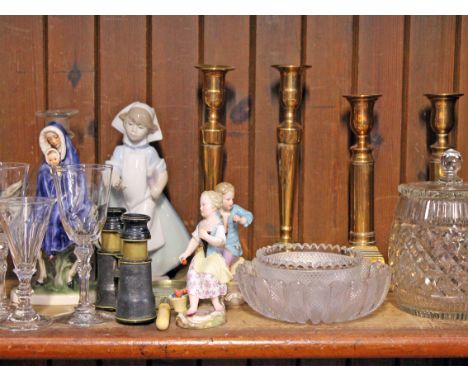 A mixed lot to include 19th Century and later glass, a set of four brass candlesticks, a Lladro figure, a Goebel figure, a pa