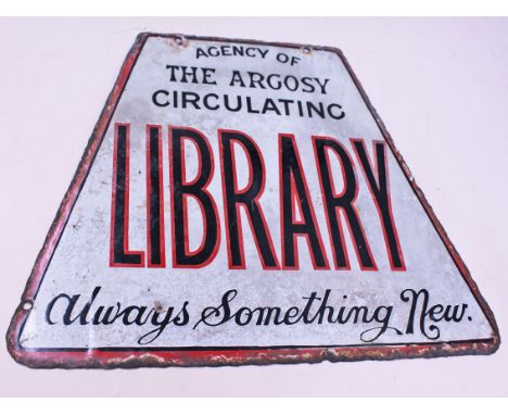 A double sided enamel sign 'AGENCY OF THE ARGOSY LIBRARY always something new', 45cm x 38cm. Condition - loss and rust partic