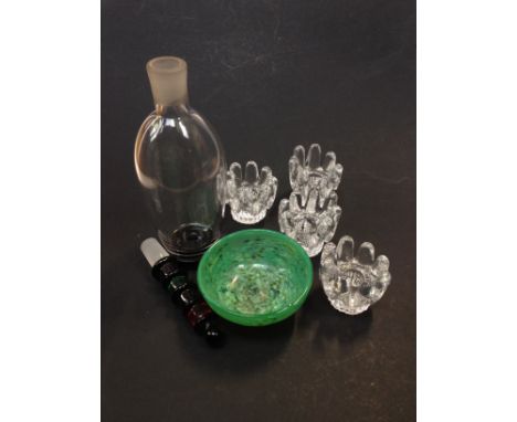 A mixed lot of art glass comprising a decanter, height 37cm, four candle stands, height 7cm and a Monart style bowl, diam. 12