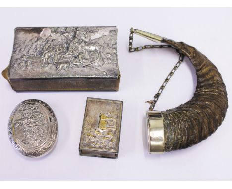 Four items of silver plated comprising two match boxes, a snuff box and a horn mull