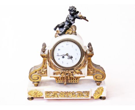 A French 19th Century white marble and gilt metal mantel clock. L37cm D14cm H44cm