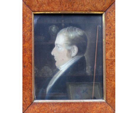 19th Century School, portrait, label verso 'Crayon Portrait of William Bacon Wigston...', 41cm x 47cm, unsigned, burr walnut 