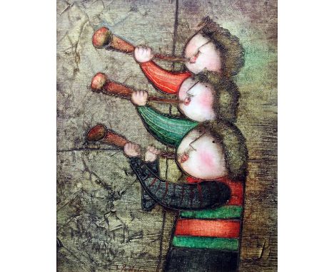 J Roybal, figures playing musical instruments, oil on canvas, pair, 30cm x 40cm each, signed, framed.