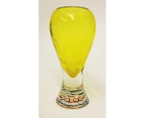 A Murano(?) post war yellow glass vase with millefiori base, ground pontil, height 29cm. Condition - no chips, cracks nor any