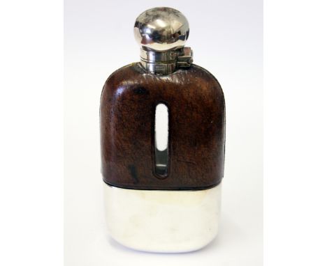 A silver plated and leather hip flask, height 13.5cm