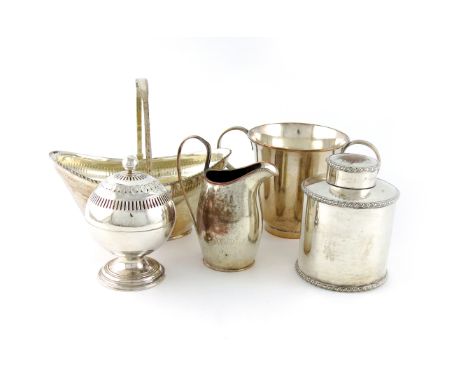 A mixed lot of old Sheffield plated items, comprising: a soap box, circa 1780, of globular form, pierced hinged cover, ball f