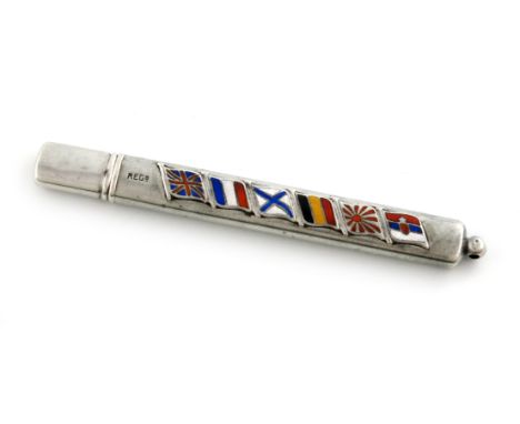 A silver and enamel pencil, by William Wright Ltd, Birmingham 1914, the pull-off cover reveals the pencil, the body applied w