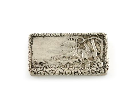 A George IV silver raised relief snuff box, by Edward Smith, Birmingham 1827, rectangular form, the hinged cover with a hunti