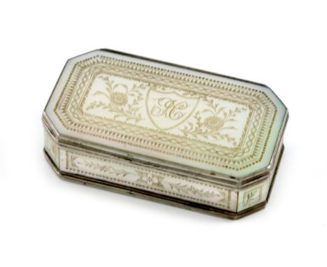 A 19th century silver-mounted mother-of-pearl snuff box, unmarked, rectangular form, canted corners, engraved decoration, ree