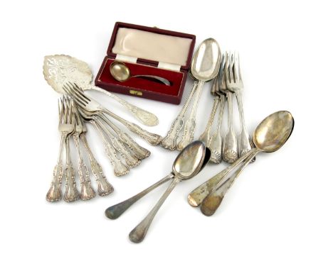 A mixed lot of silver flatware, comprising: a set of eight Victorian Devonshire pattern dessert forks and two tablespoons, by