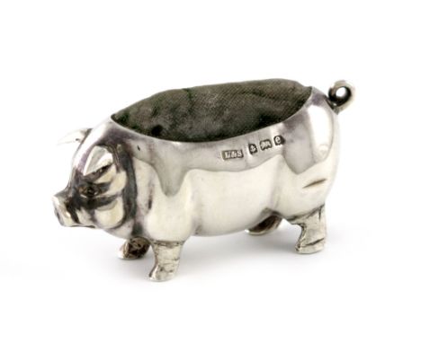 An Edwardian novelty silver pig pin cushion, by Levi and Salaman, Birmingham 1908, modelled in a standing position, length 6c