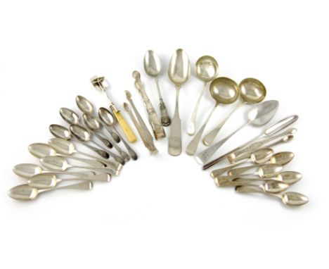 λ A mixed lot of silver flatware, various dates and makers, comprising: a marrow scoop, London 1765, a slide-action cheese sc
