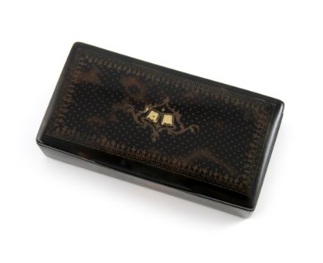 λ A 19th century tortoiseshell snuff box, rectangular form, the hinged cover inlaid with gilt-metal pique decoration, length 