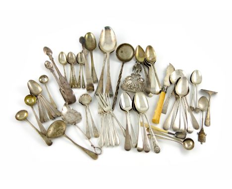 λ A mixed lot of silver flatware, comprising: a set of five 18th century picture-back teaspoons, the reverse of the bowls wit