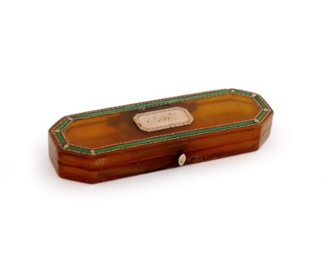 λ A George III gold and enamel mounted blonde tortoiseshell toothpick box, unmarked circa 1800, rectangular form, canted corn