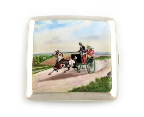 An Edwardian silver and enamel cigarette case, by Percy Edwards Ltd, London 1908, square form, the hinged cover enamelled wit